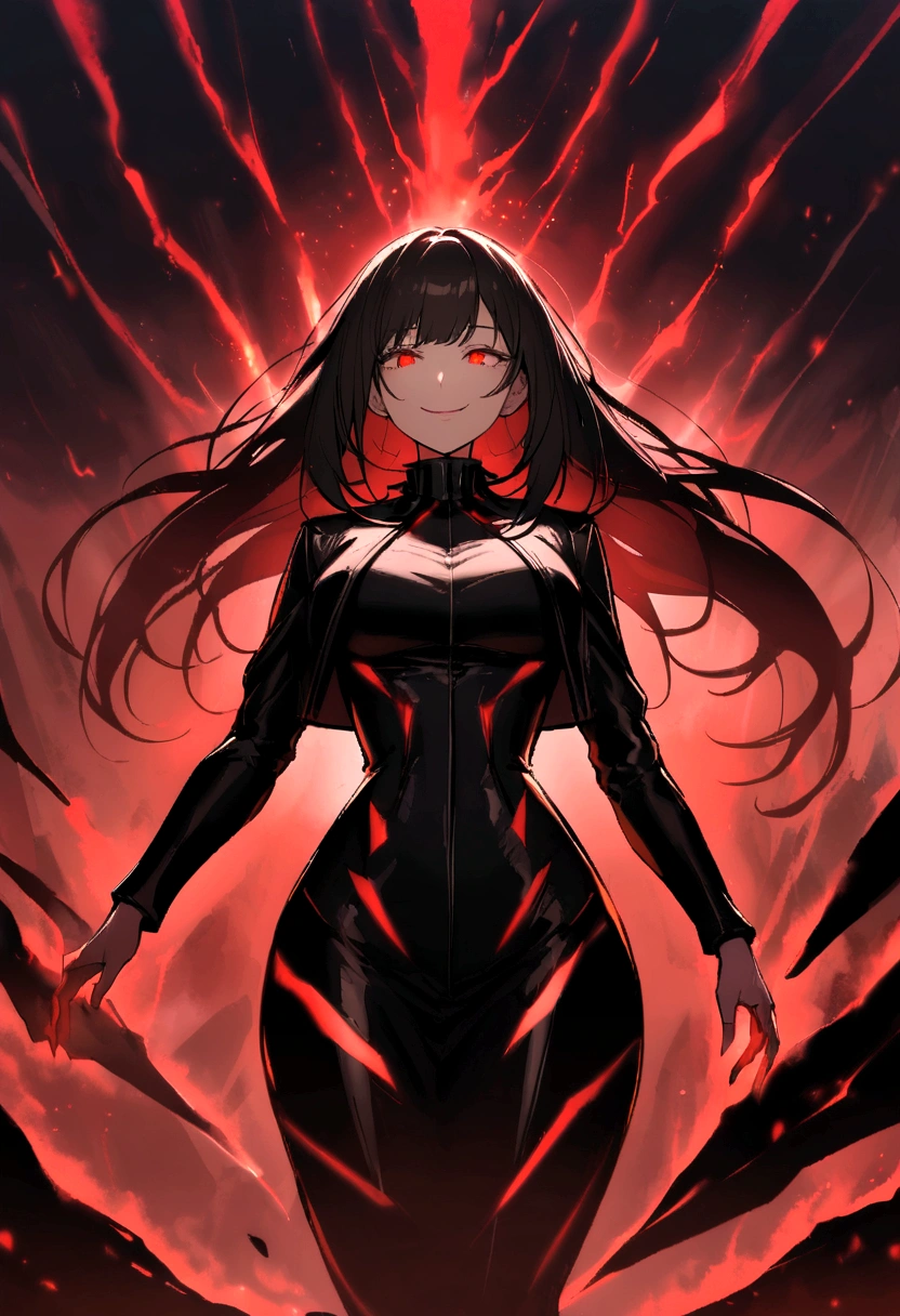 spawns a tall adult woman with long black hair and red eyes, futuristic black clothing using a dark toned jacket, a somewhat deranged smile and with a red aura of power