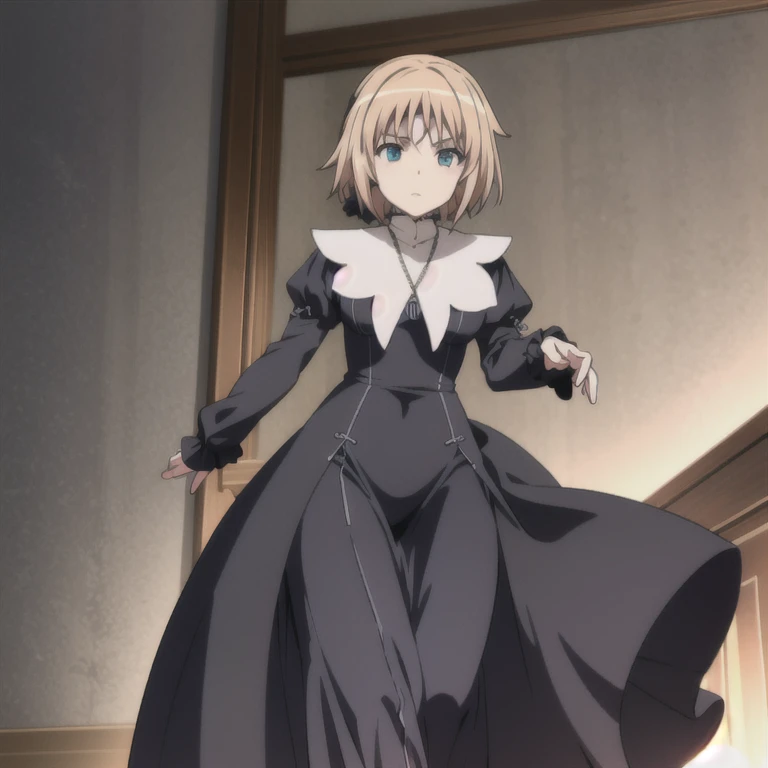 1girl, solo, long sleeves, mature, cross necklace, nun, Kizuki, Seikon no Qwaser, Teresa Beria, long skirt, best quality, masterpiece
