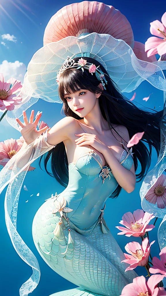A woman dressed in a silver headdress and a costume with flowers,HmongCostume, jellyfish shrine maiden, jellyfish priestess, Intense light and shadow,Fluorescence,glittery,anaglyph effect , Zhang Jingna, yoshitaka amano photorealistic, Björk aesthetics, inspired by Tsukioka Yoshitoshi, Flower shaman, Nick Knight, There is very little flower punk happiness,Eerily dark atmosphere,best qualtiy,8K