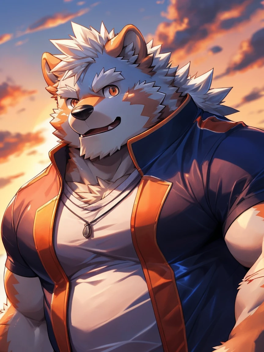 human nature, Wildlife, male,18 years old， solitary, ((Round Face, The face is plump,Orange eyes,Thick white hair，With wounds)), ((Endomorph, Handsome，enthusiasm)), (Sportswear，Light blue and white coat，Wearing a mask), ((domestic 犬, Dog Orc，) Fluffy fur, Fluffy), Bokeh, (high quality, high resolution, masterpiece), (Dynamic Lighting, Vibrant colors，Natural fill light), (Revitalize，Disdain，aggressive), Full body picture (close up), cartoon, author：Takemoto Arashi, From zixiong, By Chunni, author：Empty Ghost，（background：Sunset Jungle）