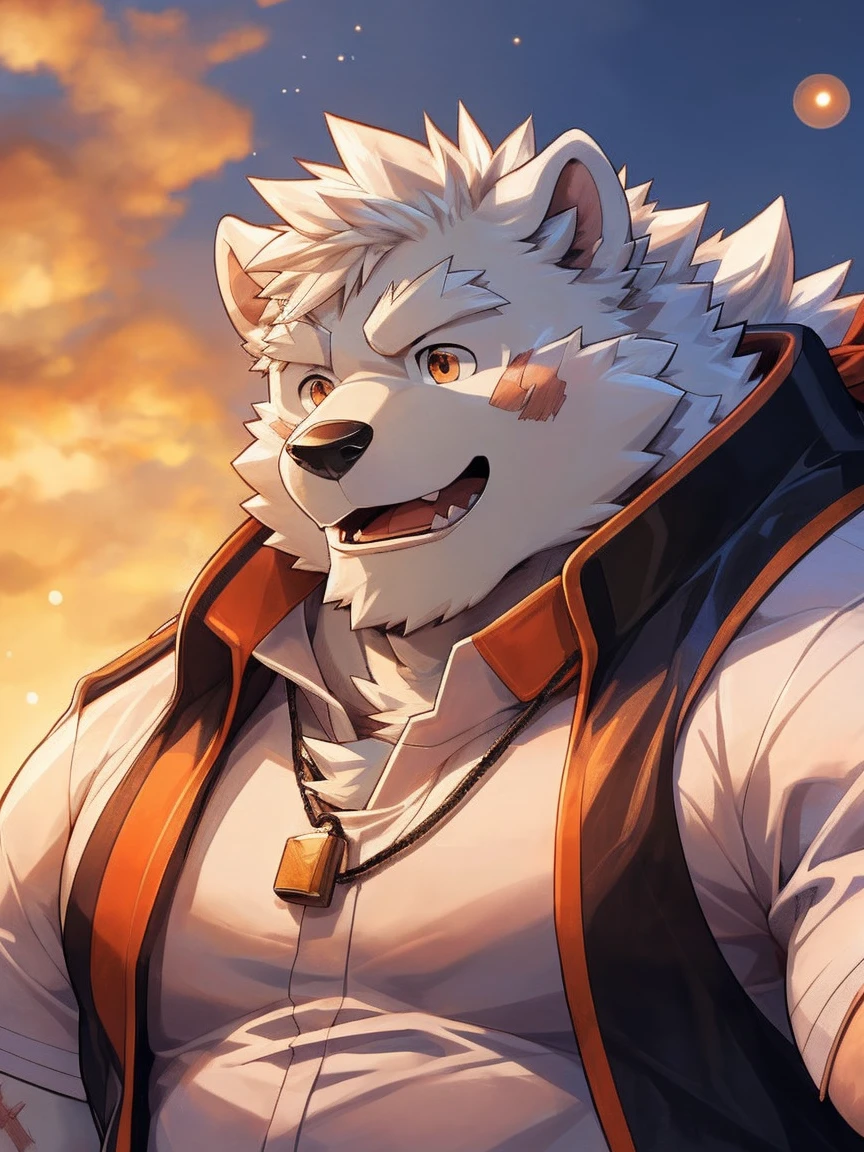 human nature, Wildlife, male,18 years old， solitary, ((Round Face, The face is plump,Orange eyes,Thick white hair，With wounds)), ((Endomorph, Handsome，enthusiasm)), (Sportswear，Light blue and white coat，Wearing a mask), ((domestic 犬, Dog Orc，) Fluffy fur, Fluffy), Bokeh, (high quality, high resolution, masterpiece), (Dynamic Lighting, Vibrant colors，Natural fill light), (Revitalize，Disdain，aggressive), Full body picture (close up), cartoon, author：Takemoto Arashi, From zixiong, By Chunni, author：Empty Ghost，（background：Sunset Jungle）