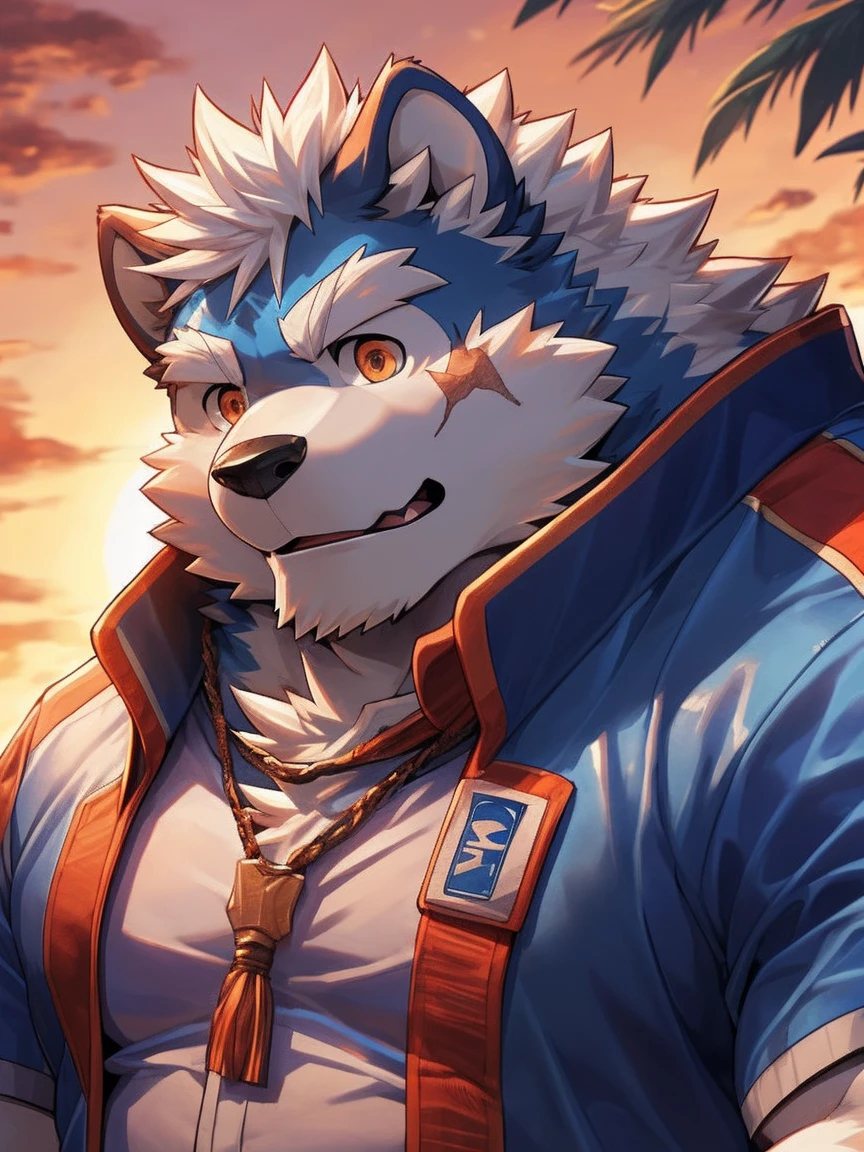 human nature, Wildlife, male,18 years old， solitary, ((Round Face, The face is plump,Orange eyes,Thick white hair，With wounds)), ((Endomorph, Handsome，enthusiasm)), (Sportswear，Light blue and white coat，Wearing a mask), ((domestic 犬, Dog Orc，) Fluffy fur, Fluffy), Bokeh, (high quality, high resolution, masterpiece), (Dynamic Lighting, Vibrant colors，Natural fill light), (Revitalize，Disdain，aggressive), Full body picture (close up), cartoon, author：Takemoto Arashi, From zixiong, By Chunni, author：Empty Ghost，（background：Sunset Jungle）