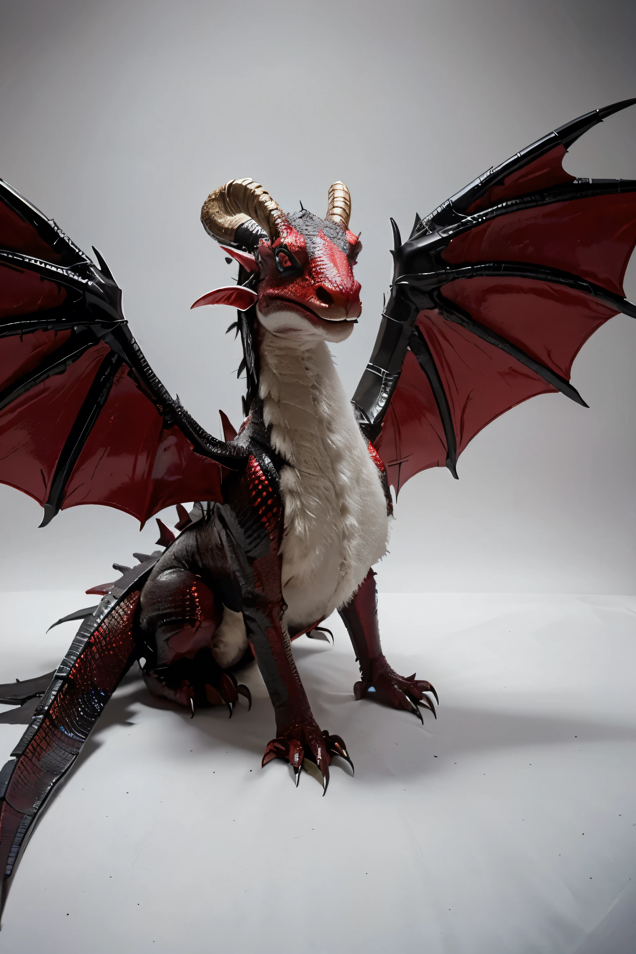 make a dragon with four legs and two wings, with shiny black and red scales with vampire wings and fangs with the back and neck covered in extremely white sheep's wool