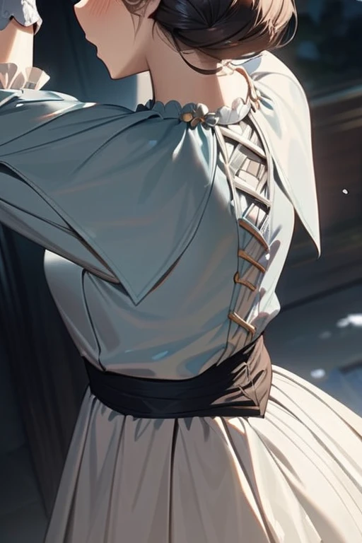 girl,((blush)),((((At the back_Back)))),(((Bondage))), (((Shibari))),(((gag))),she is wearing a beige long coat, bdsm in coat