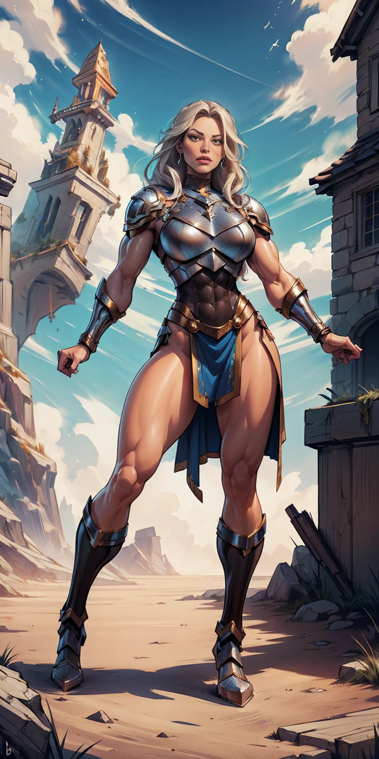 full body standing symmetrical beautiful woman, hyper realistic, 1girl, Asgard, Valkyrie, Lady Knight, correct anatomy, epic fantasy digital art, tmasterpiece, 8k, high definition resolution, detailed drawing, superior quality, epic composition, muscular body, muscular turned arms behind body