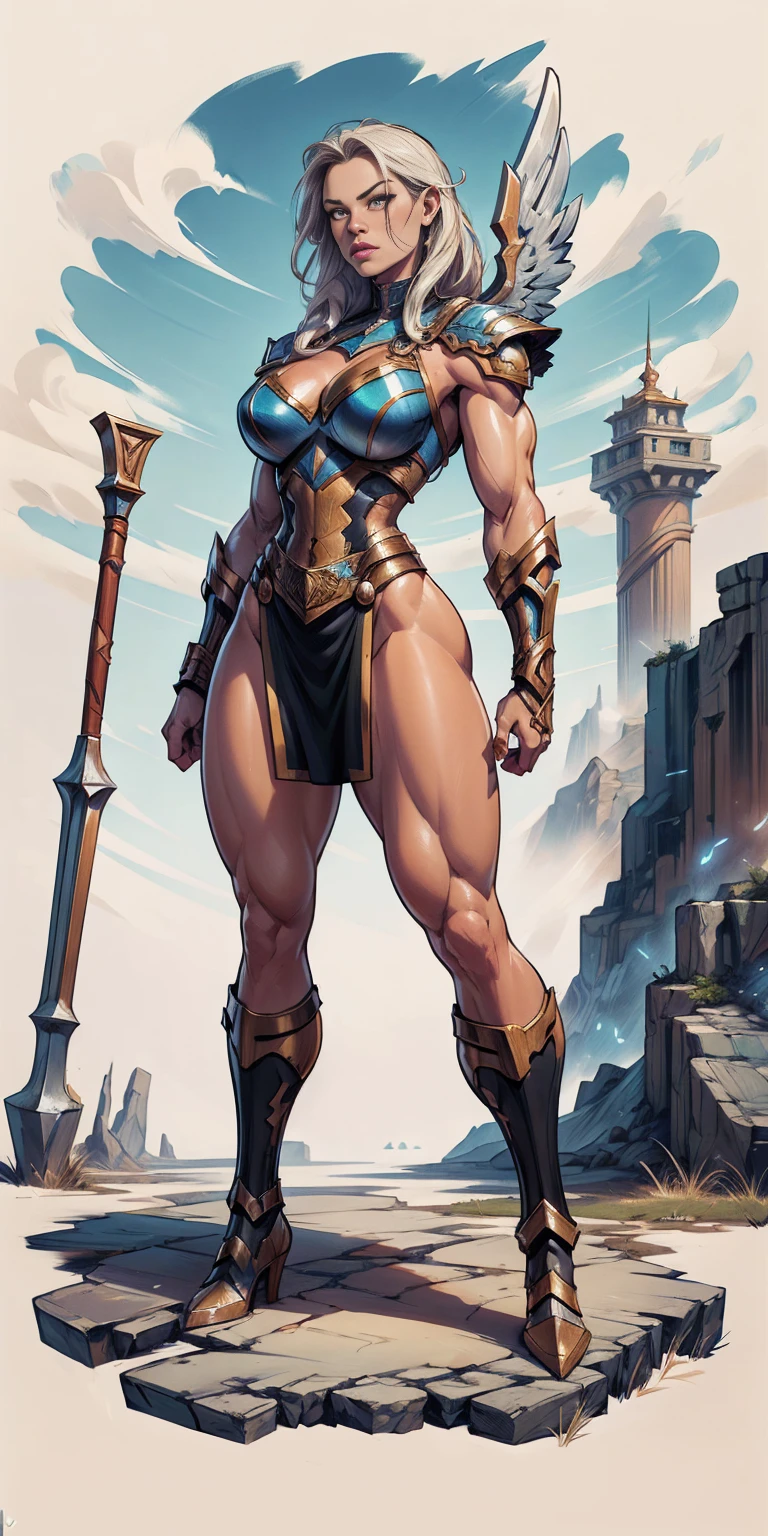 full body standing symmetrical beautiful woman, hyper realistic, 1girl, Asgard, Valkyrie, Lady Knight, correct anatomy, epic fantasy digital art, tmasterpiece, 8k, high definition resolution, detailed drawing, superior quality, epic composition, muscular body, muscular turned arms behind body