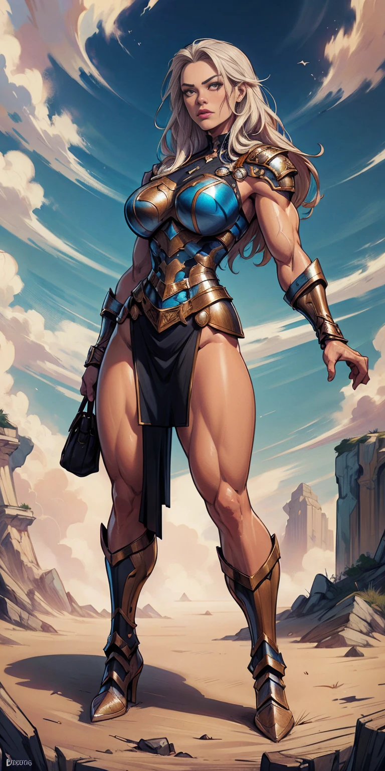 full body standing symmetrical beautiful woman, hyper realistic, 1girl, Asgard, Valkyrie, Lady Knight, correct anatomy, epic fantasy digital art, tmasterpiece, 8k, high definition resolution, detailed drawing, superior quality, epic composition, muscular body, muscular turned arms behind body