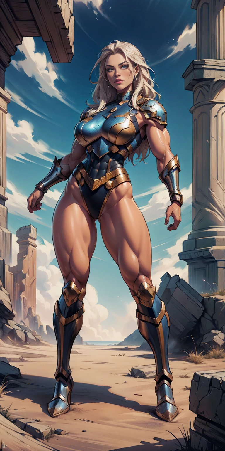 full body standing symmetrical beautiful woman, hyper realistic, 1girl, Asgard, Valkyrie, Lady Knight, correct anatomy, epic fantasy digital art, tmasterpiece, 8k, high definition resolution, detailed drawing, superior quality, epic composition, muscular body, muscular turned arms behind body