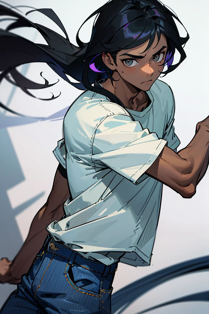 ((Retina)), masterpiece, anatomically correct, textured skin, super detail, high detail, high quality, best quality, highres, 4K, (Detailed Lights, Detailed Shadows), 1 man, Close-up,half body Portrait, (Half Body), Extremely Detailed Clothes, Detailed Skin,"In his Teens", "black pupils","glowing eyes","black hair","t-shirt","white t shirt","jeans", man, black skin, calm demeanor