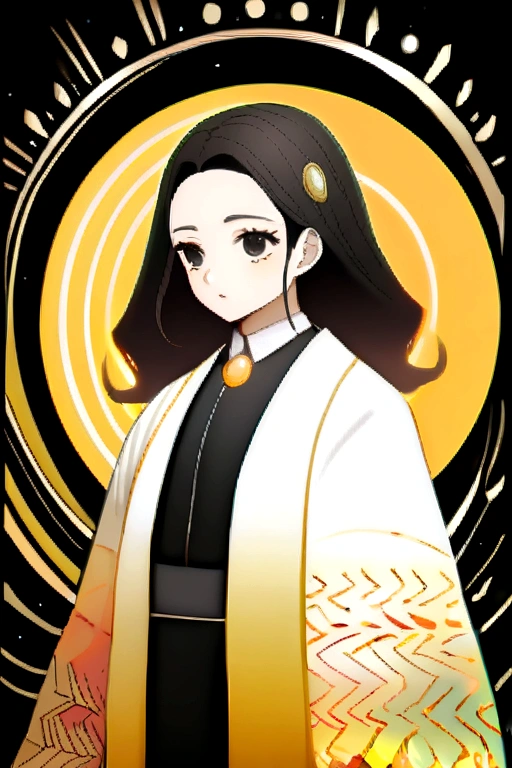 adolescent, black hair one black eye and the other yellow, kimono half moon and the other sun