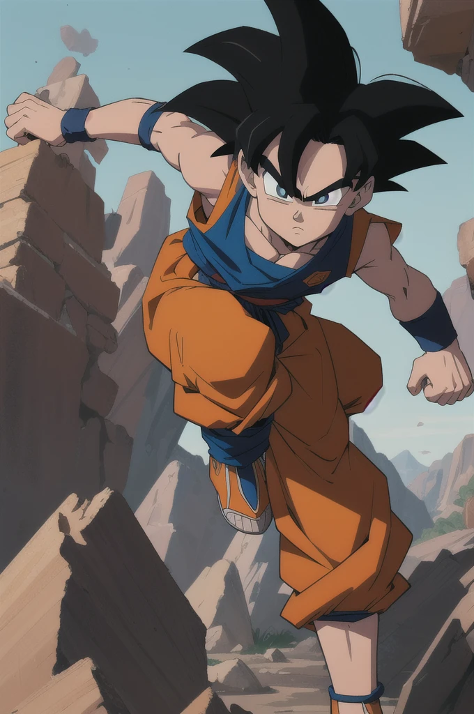 Comic style, illustration, line art style, high quality, masterpiece, highres, very detailed, digital illustration, ??? Goku, Dragonball, black hair, spiked hair, wristband, dougi, solo male , outdoors,fighting,