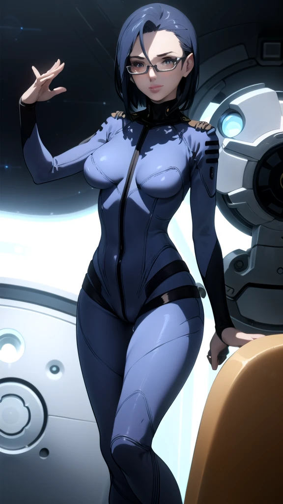 a beautiful young girl with short blue hair, a light smile, brown eyes, hair clips, lips, stud earrings, semi-rimless eyewear, wearing a glossy blue bodysuit, with a large buttocks and small breasts, (best quality,4K,8K,highres,masterpiece:1.2),ultra-detailed,(realistic,photorealistic,photo-realistic:1.37),highly detailed face, extremely detailed eyes and face, long eyelashes, beautiful detailed eyes, beautiful detailed lips, concept art, cinematic lighting, vibrant colors, hyper-realistic,((Navy blue bodysuit))(Glasses)((Inside the spaceship))((Sit on a chair and cross your legs))((Shiny bodysuit))