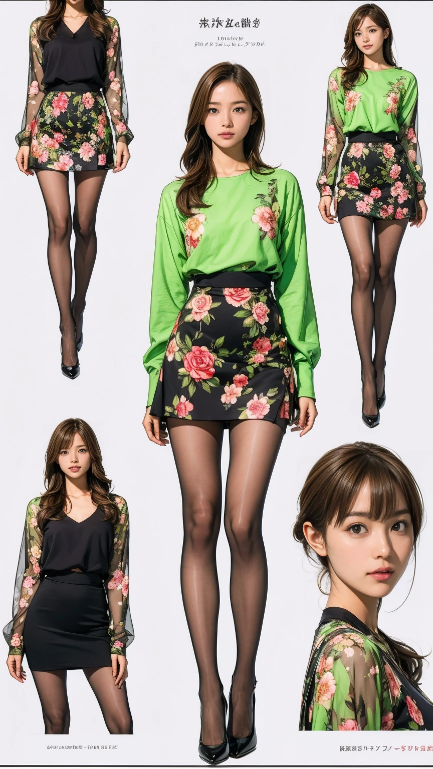 ((masterpiece)),(((Highest quality))),((Character design sheet)),Thin thighs,Long legs,whole body:1.5,(One Girl:1.3),(Black pantyhose and thick pointy heels:1.3),(Wearing a floral and plant patterned mini skirt dress:1.2),Short blonde:1.2、Model pose,Floral and botanical background:1.5,