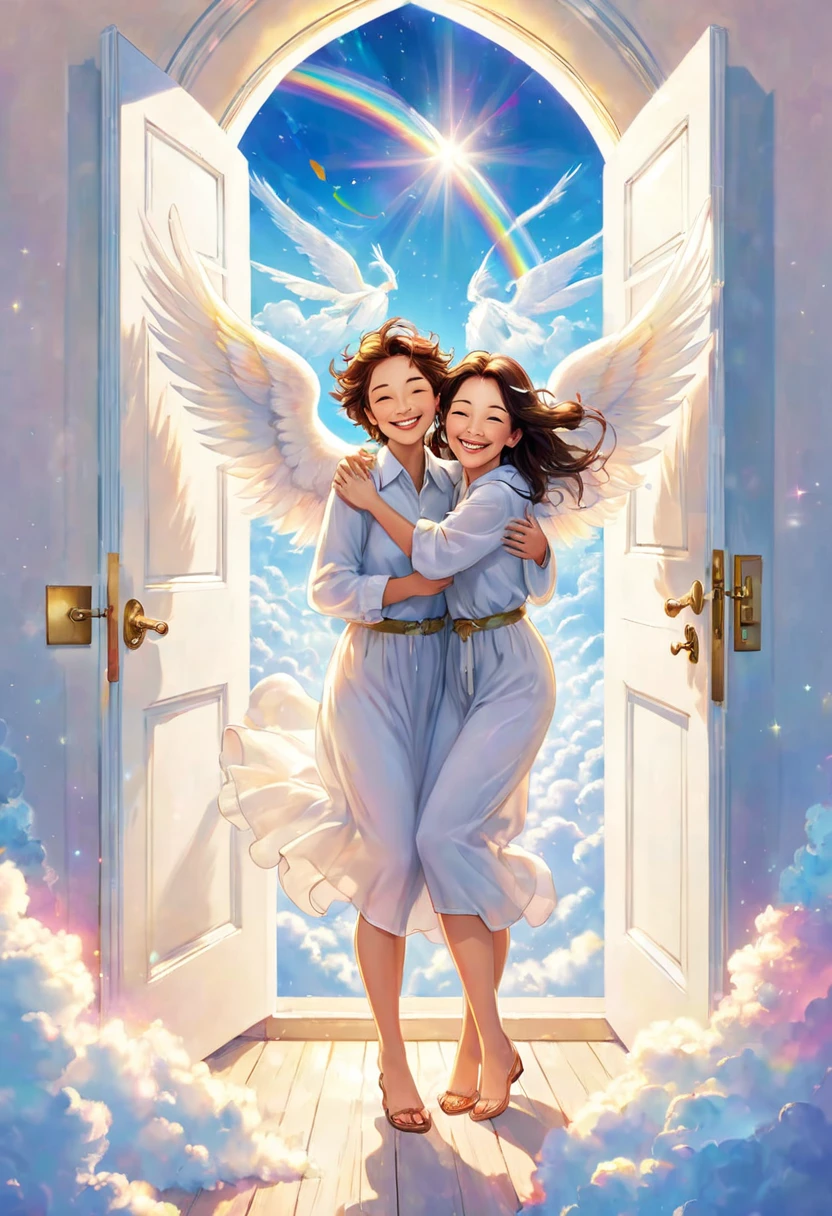 Angels smiling and hugging in front of the big white door of heaven, the earth is on the other side of the door, joy, happiness, smiles, bright space, above the clouds, rainbow bridge