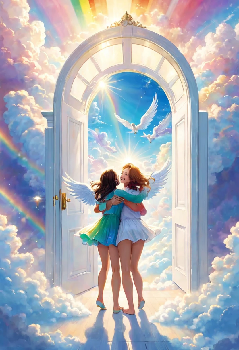Angels smiling and hugging in front of the big white door of heaven, the earth is on the other side of the door, joy, happiness, smiles, bright space, above the clouds, rainbow bridge