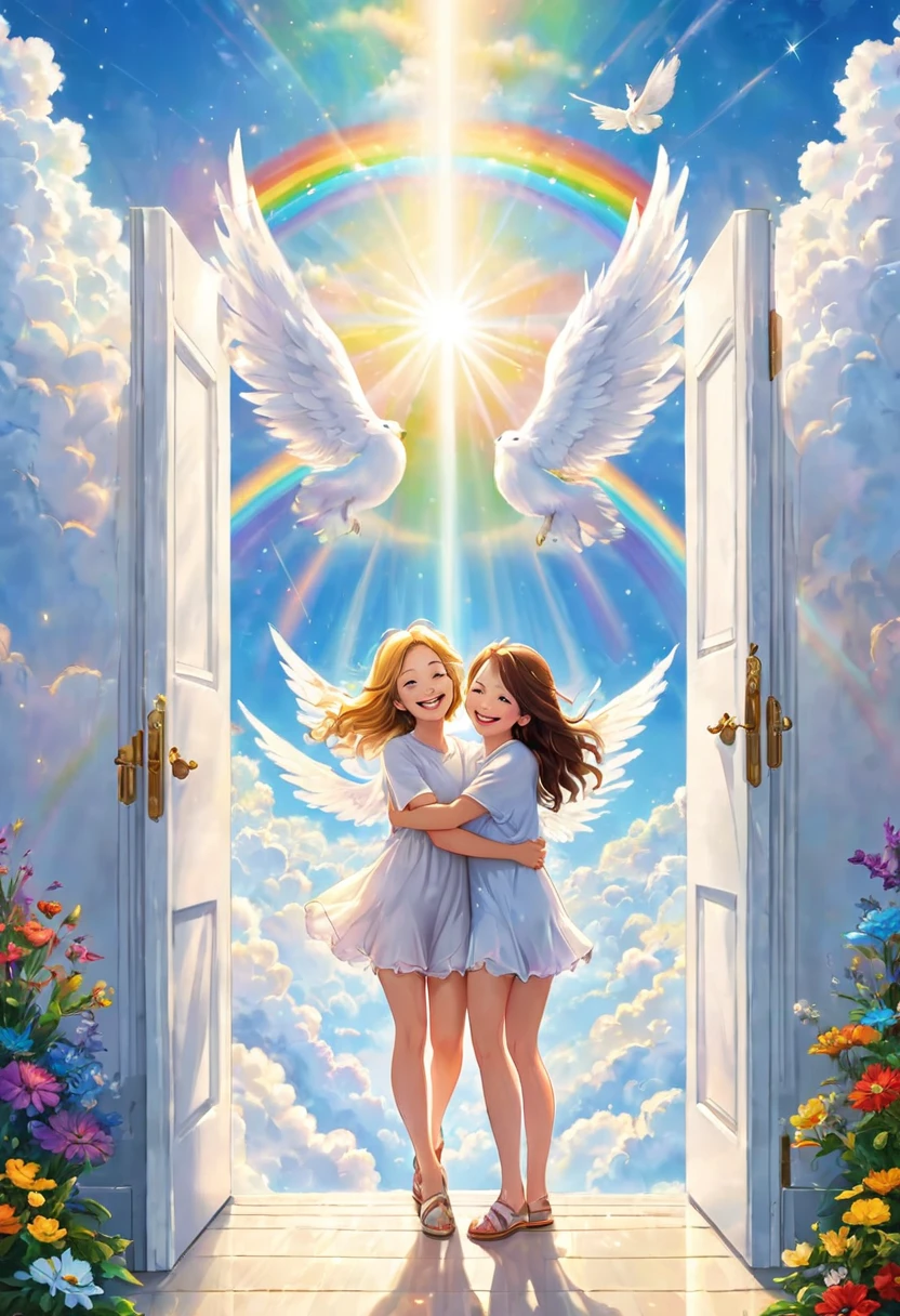 Angels smiling and hugging in front of the big white door of heaven, the earth is on the other side of the door, joy, happiness, smiles, bright space, above the clouds, rainbow bridge