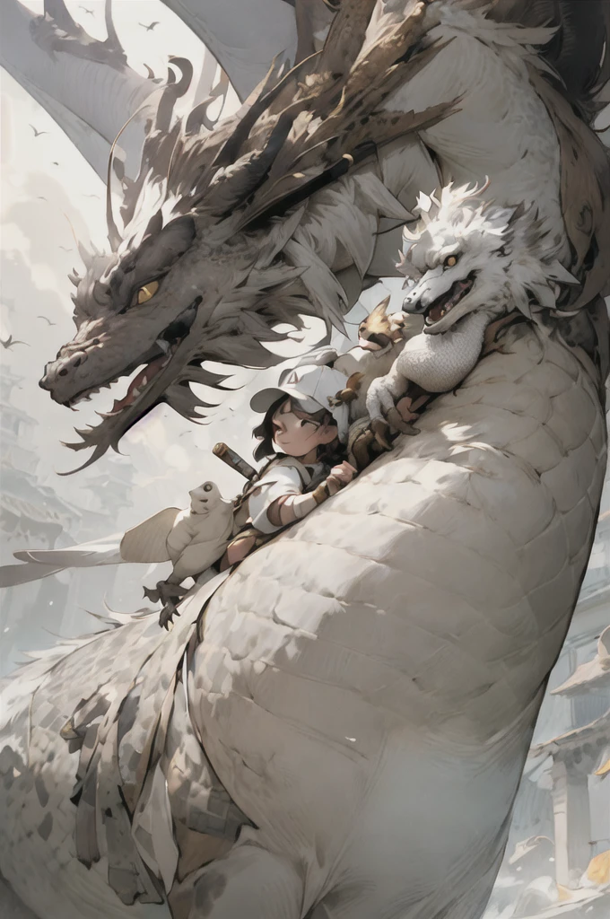 girl, letterboxed, holding, outdoors, bird, standing, cloud, 1boy, weapon, from behind, sky, cloudy sky, animal, holding weapon, eastern dragon, monster, 1other, hat, fog,  