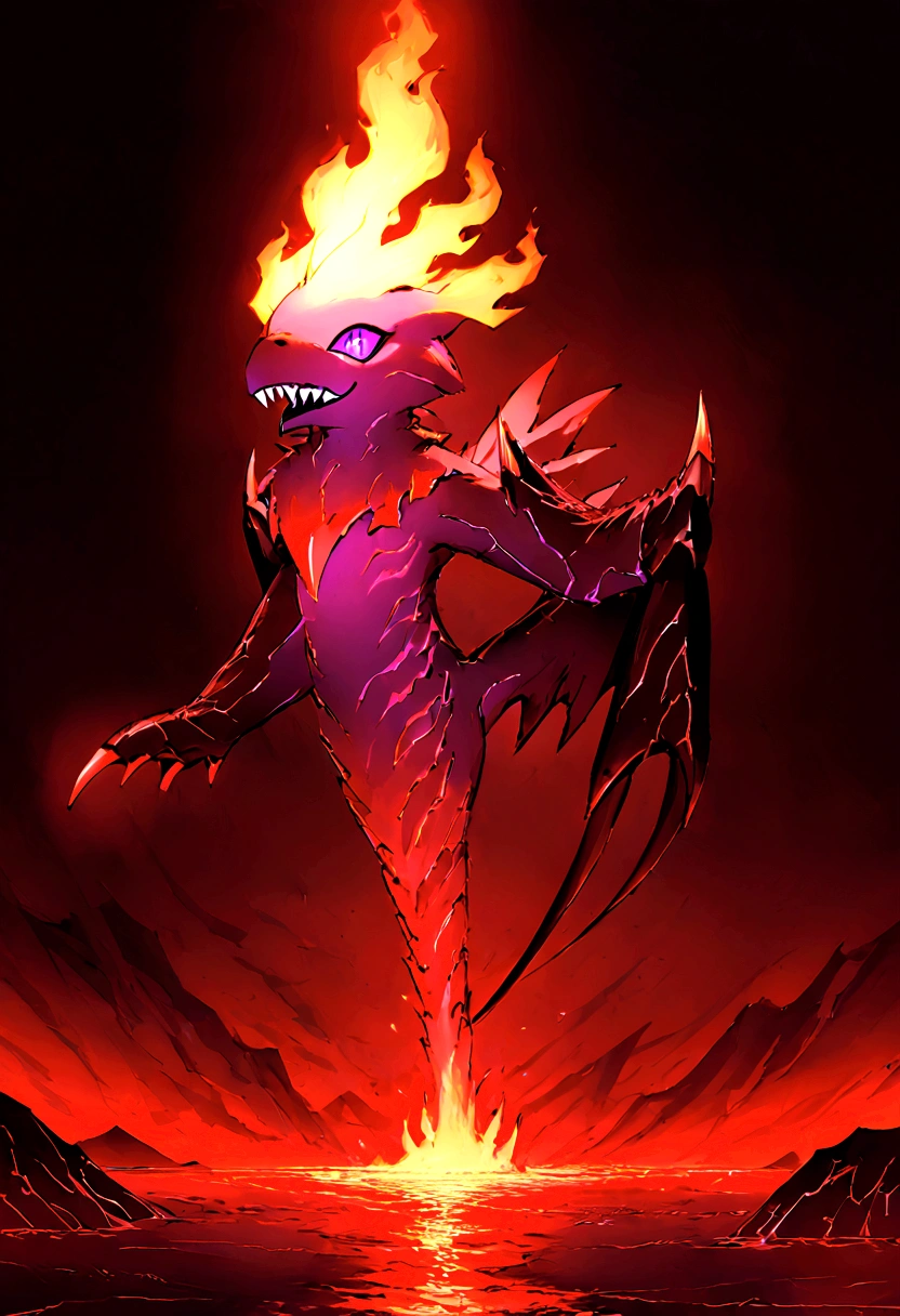 Fiery Monster, Dark-Devils Wings, Dragonic furry appearence, crimson red body, purple pupils, sharp teeth, claws. Dark Devil tail, stands at 2 feet. Background hell, lava, bright. (Absurdres) best of all time ever. 