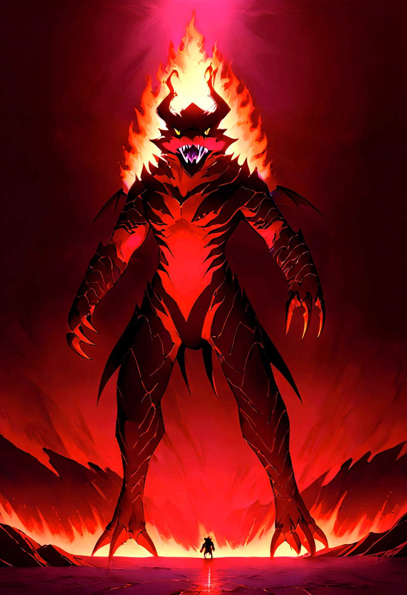 Fiery Monster, Dark-Devils Wings, Dragonic furry appearence, crimson red body, purple pupils, sharp teeth, claws. Dark Devil tail, stands at 2 feet. Background hell, lava, bright. (Absurdres) best of all time ever. 