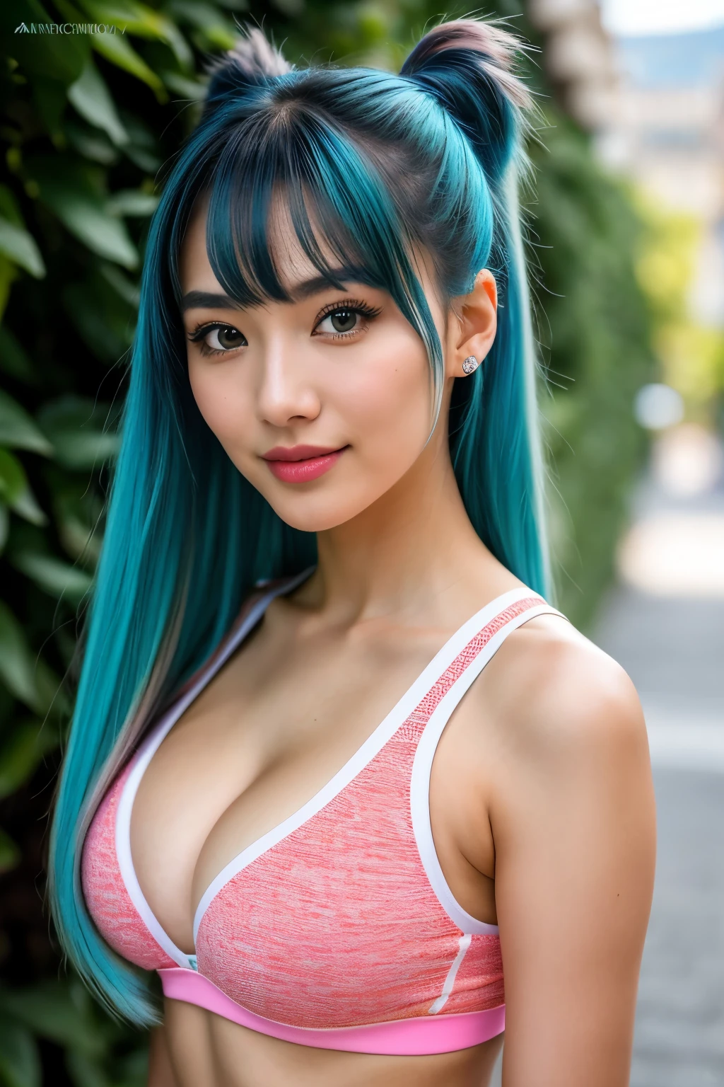 Selfie style shot , photo of (emikin:0.99), woman as a sexy TikTok influencer, cobalt hair, blue hair , teal hair , twintails, woman with Asian features, 24-year-old (green-eyed woman), She has a small elegant nose with a slight upward curve at the tip. Her lips are full and naturally pink with a well-defined Cupid's bow. Her teeth are straight and white enhancing her captivating smile. Her face has an oval shape with high cheekbones that add to her model-like appearance. happy, wearing activewear, (extremely detailed CG unity 8k wallpaper), outdoors, photo of the most beautiful artwork in the world, professional majestic (photography by Steve McCurry), 8k uhd, dslr, soft lighting, film grain, Fujifilm XT3 sharp focus, f 5.6, High Detail, Sharp focus, dramatic, Cleavage showing , (looking at viewer:1.2), (detailed pupils:1.3), (natural light), (seductive)