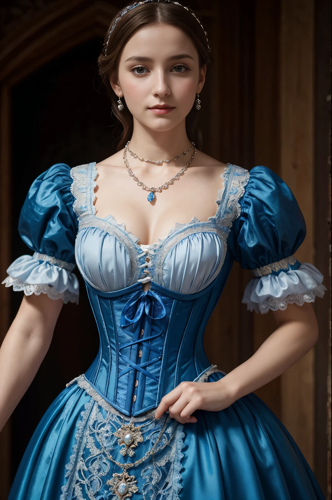 a close up of a woman in a dress with a necklace, costume with blue accents, in a high renaissance style, dressed in a medieval lacy, blue corset, in a renaissance style, corset, beautiful costume, 1 7 th century duchess, georgian dress amazing fabric, with victorian clothing, # rococo, intricate victorian dress, 1 8 th century style, wearing corset