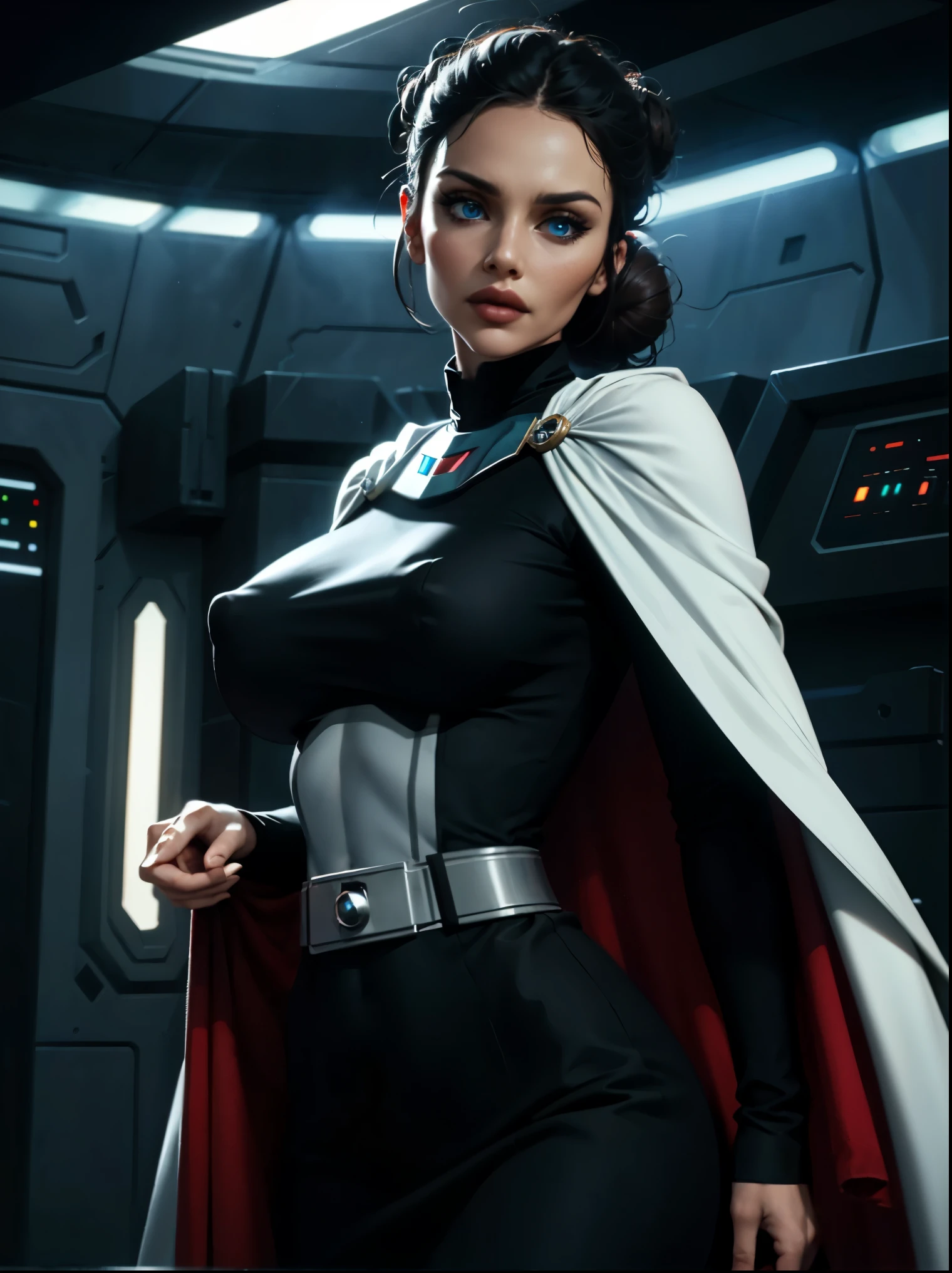 Incredibly detailed wide angle shot shot of a gorgeous and skinny woman with ((EXTREMELY saggy)) big breasts, nipples visible through clothing, a narrow waist, a incredibly supermodel thin body, with VERY narrow hips, super thin legs, (bimbo lips), vivid blue eyes, extremely detailed face, thoughtful expression, (long ((black)) hair styled in bun), Star Wars Imperial Officer black uniform, wearing a white cape, matte paint, atmospheric, dramatic lighting, standing inside an imperial space ship.
