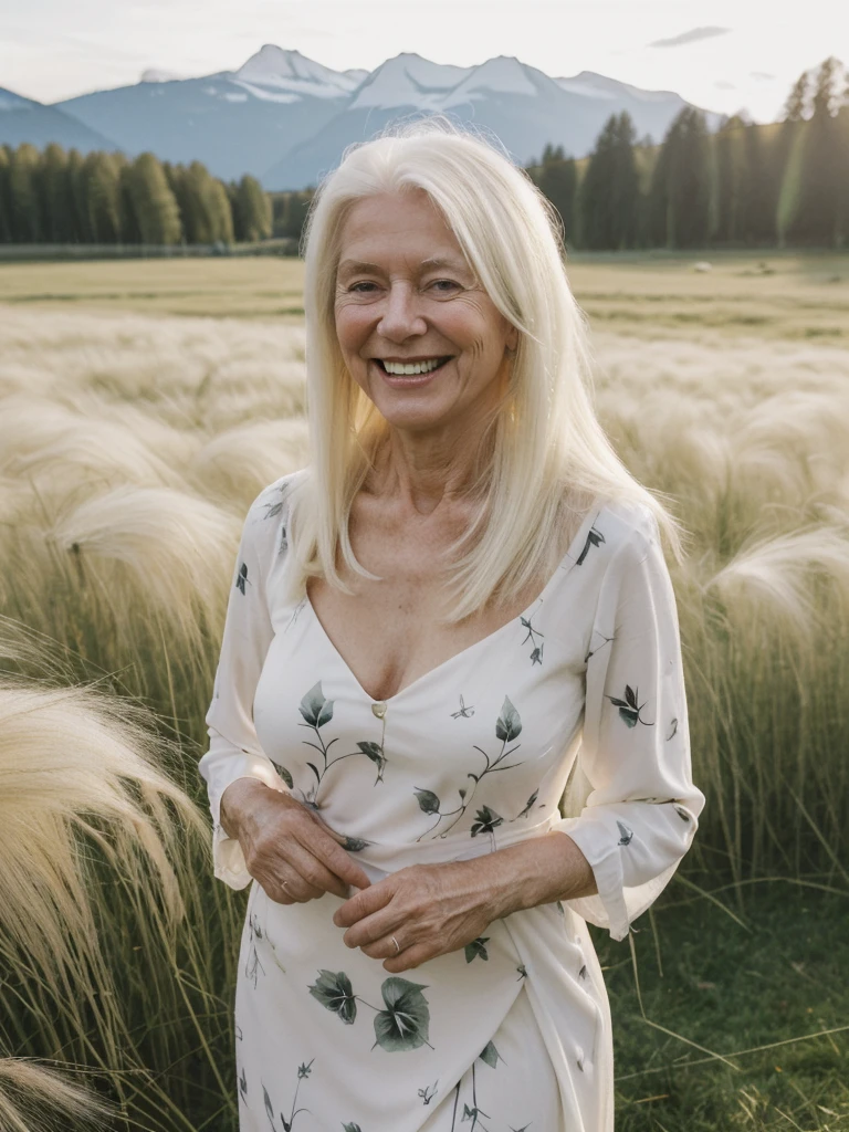 A realistic, photorealistic image of Felicidad, (an 80-year-old Finnish woman), (((white blonde and medium length hair))), smiling and seducing, ((taking a portrait outside a grass field in Switzerland)), (((round face))), (medium straight hair), ((wearing printed black dress)), ((visible breastbones)), (((slim))), ((thin hairline)), (((deep chest bones)))
