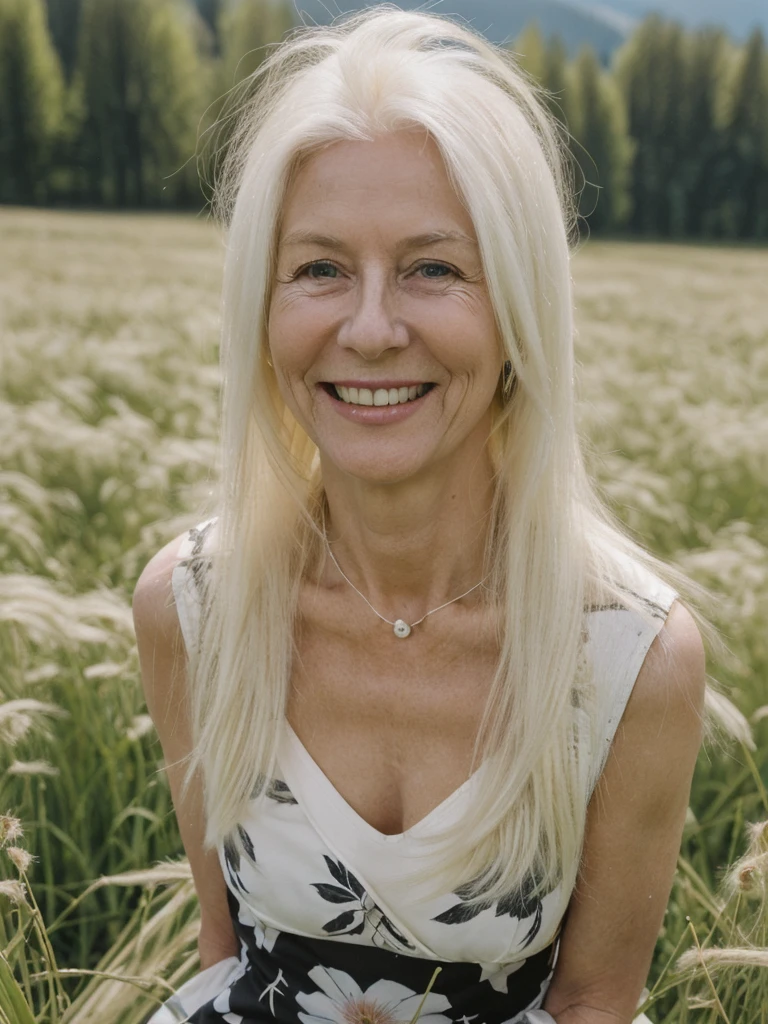 A realistic, photorealistic image of Felicidad, (an 80-year-old Finnish woman), (((white blonde and medium length hair))), smiling and seducing, ((taking a portrait outside a grass field in Switzerland)), (((round face))), (medium straight hair), ((wearing printed black dress)), ((visible breastbones)), (((slim))), ((thin hairline)), (((deep chest bones)))
