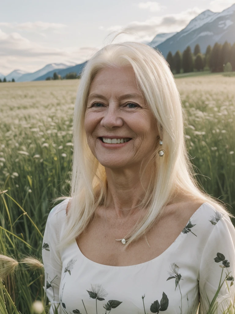 A realistic, photorealistic image of Felicidad, (an 80-year-old Finnish woman), (((white blonde and medium length hair))), smiling and seducing, ((taking a portrait outside a grass field in Switzerland)), (((round face))), (medium straight hair), ((wearing printed black dress)), ((visible breastbones)), (((slim))), ((thin hairline)), (((deep chest bones)))
