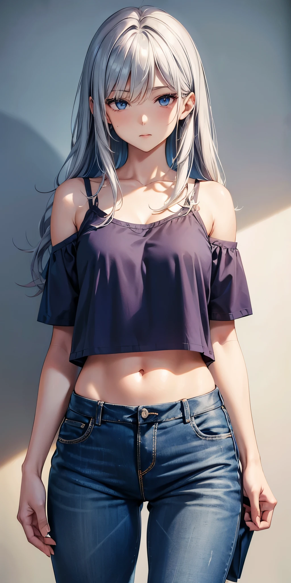 female,silver long hair,blue eyes,short camisole,crop shirt,Off shoulders,white,Art, anime,illustration