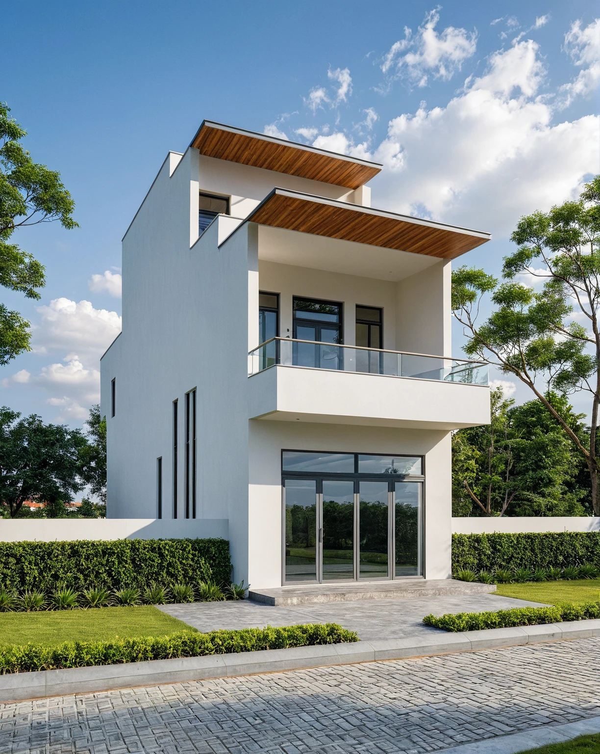 Masterpiece, high quality, best quality, authentic, super detail, outdoors, onestoreyvillaXL, aiaigroup, house style modern on the street ,stairs, white wall ,road,pavement, grass, trees, sky, cloud, (daylight:1.1)
