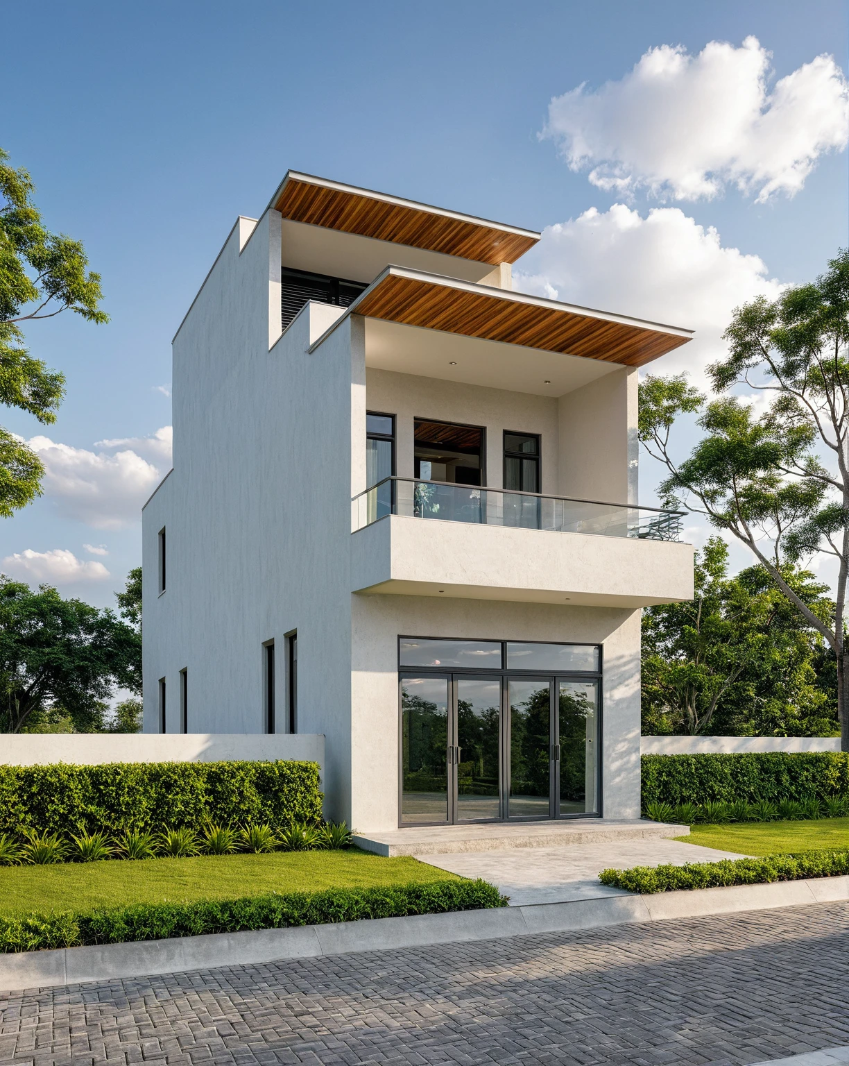 Masterpiece, high quality, best quality, authentic, super detail, outdoors, onestoreyvillaXL, aiaigroup, house style modern on the street ,stairs, white wall ,road,pavement, grass, trees, sky, cloud, (daylight:1.1)