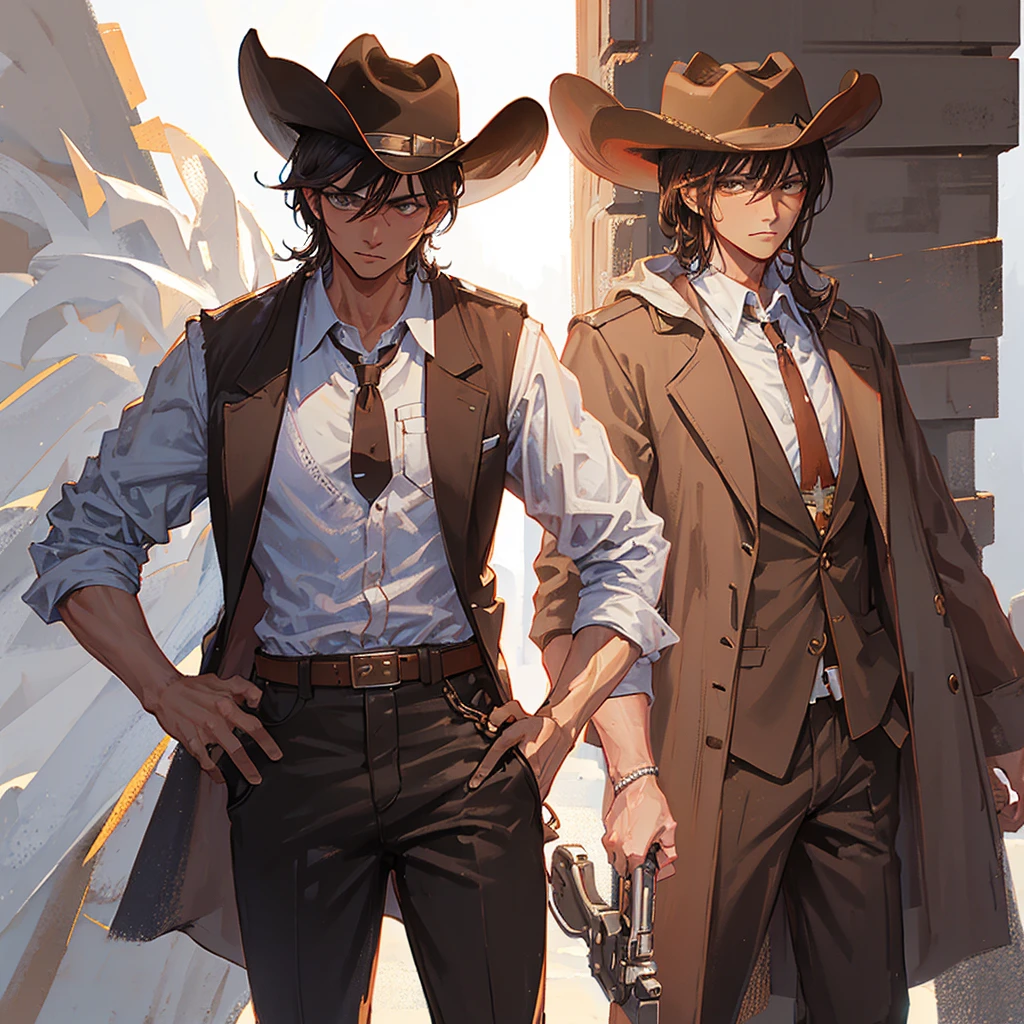 An American Western cowboy,male,Black short hair,Revolver in hand,Wearing a white shirt,Wearing a brown cowboy hat,Cold,((Plain brown background))