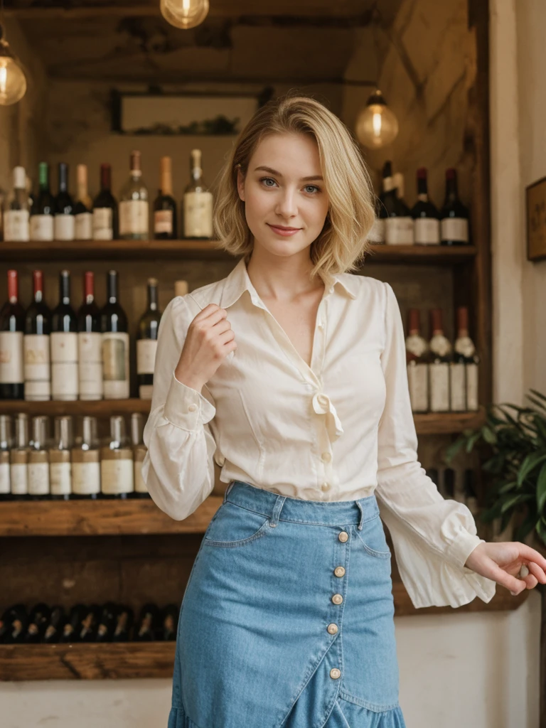 her name is Elle, high quality, 1girl, ((20-year-old fit Caucasian woman)), ((20 years old)), ((fit)), ((pale skin)), short bob blonde hair , wearing Blush Ruffled Wrap Blouse + High-Waisted Khaki Button-Front Skirt, pose: standing, background: Detail the sights and sounds inside a cozy Italian trattoria, from the clinking of wine glasses and the soft strains of an accordion to the delicious smells of pasta and garlic
