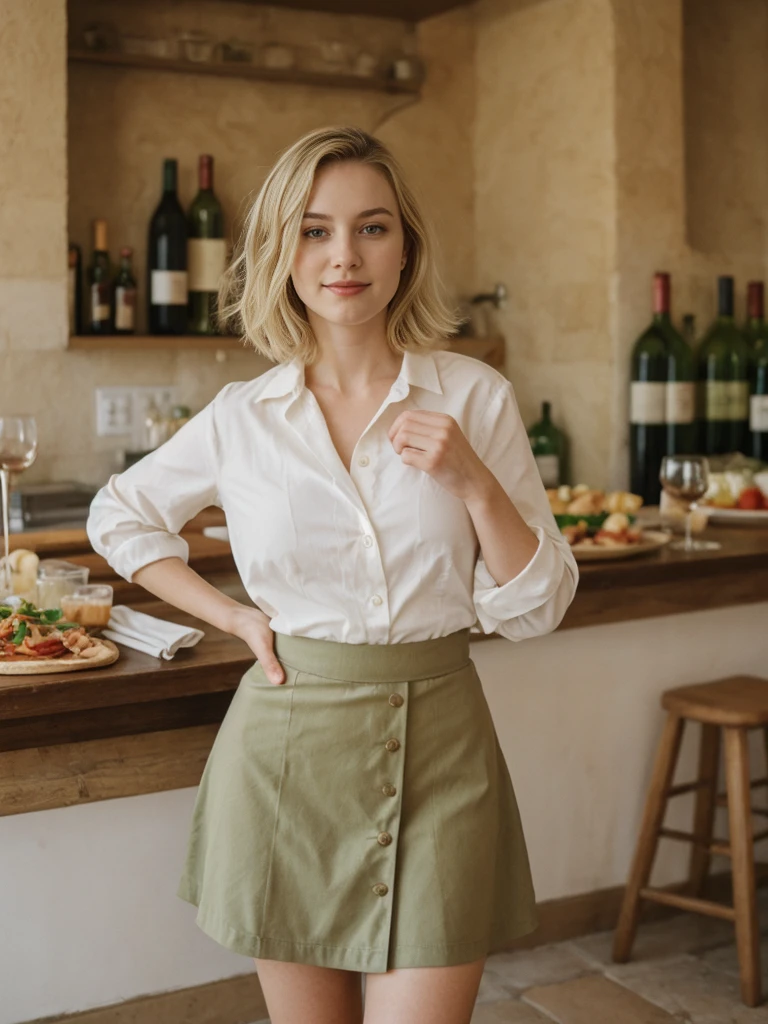 her name is Elle, high quality, 1girl, ((20-year-old fit Caucasian woman)), ((20 years old)), ((fit)), ((pale skin)), short bob blonde hair , wearing Blush Ruffled Wrap Blouse + High-Waisted Khaki Button-Front Skirt, pose: standing, background: Detail the sights and sounds inside a cozy Italian trattoria, from the clinking of wine glasses and the soft strains of an accordion to the delicious smells of pasta and garlic