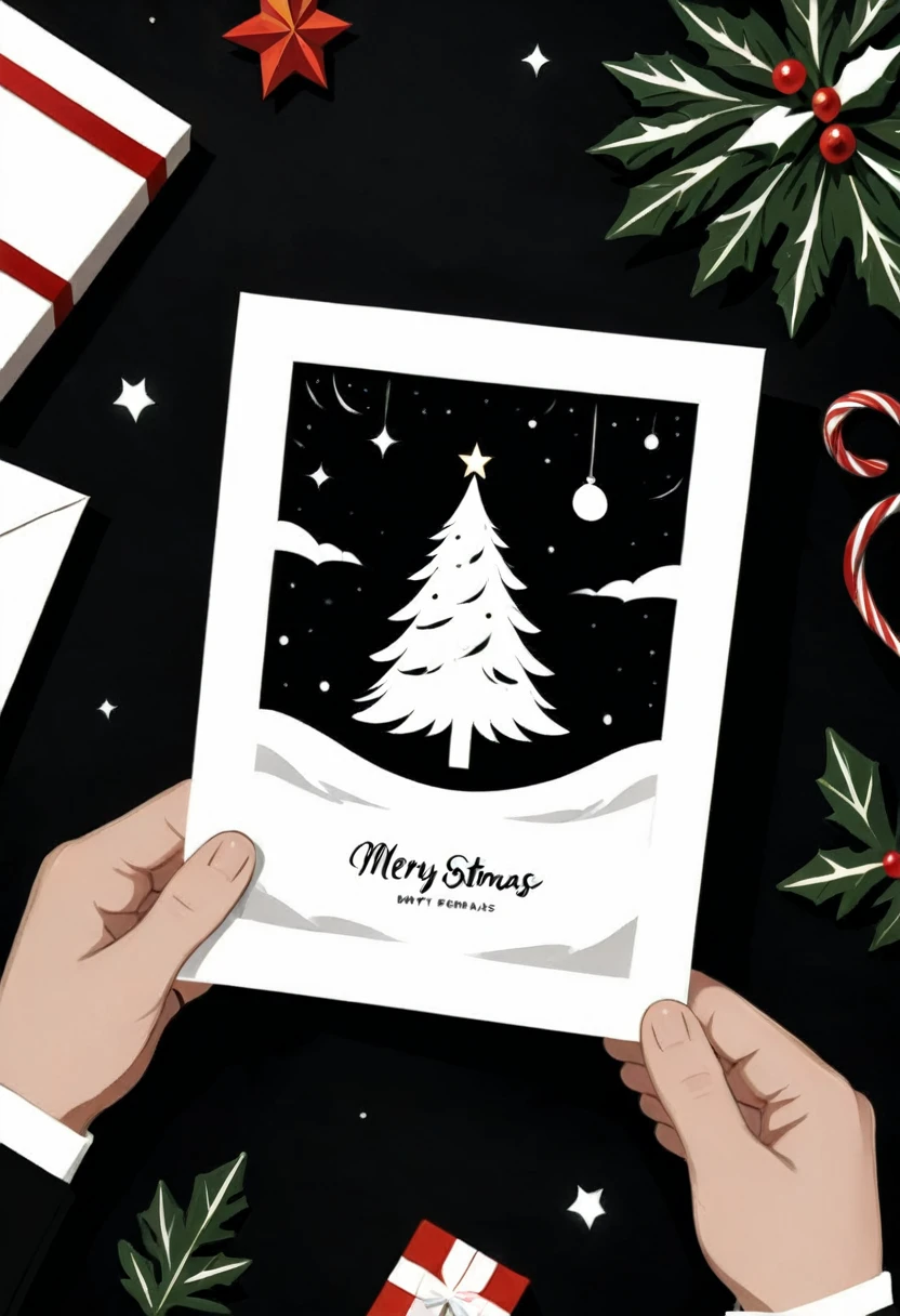 Make me a simple greeting card design about Christmas day with black and white color.