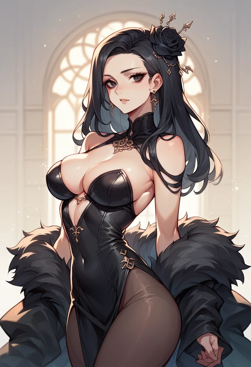 Black haired girl with black eyes as beautiful as goddess of lust in black outfit 