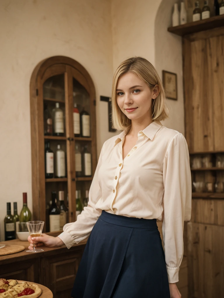 her name is Elle, high quality, 1girl, ((20-year-old fit Caucasian woman)), ((20 years old)), ((fit)), ((pale skin)), short bob blonde hair , wearing Blush Ruffled Wrap Blouse + High-Waisted Khaki Button-Front Skirt, pose: standing, background: Detail the sights and sounds inside a cozy Italian trattoria, from the clinking of wine glasses and the soft strains of an accordion to the delicious smells of pasta and garlic