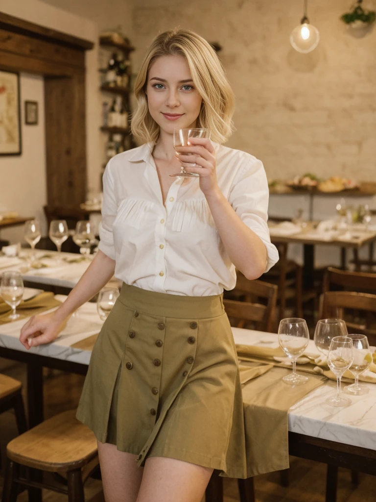 her name is Elle, high quality, 1girl, ((20-year-old fit Caucasian woman)), ((20 years old)), ((fit)), ((pale skin)), short bob blonde hair , wearing Blush Ruffled Wrap Blouse + High-Waisted Khaki Button-Front Skirt, pose: standing, background: Detail the sights and sounds inside a cozy Italian trattoria, from the clinking of wine glasses and the soft strains of an accordion to the delicious smells of pasta and garlic