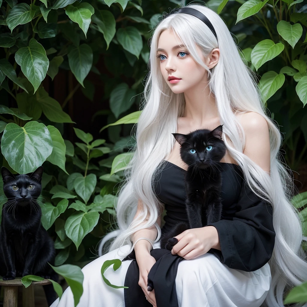 1 woman, White long curly hair,Natural and beautiful hair, clean and beautiful. White hair. Close lips. Blue natural eyes. Black clothes. Plantas. Animal black cat domestic, pet cat black. 1black cat.