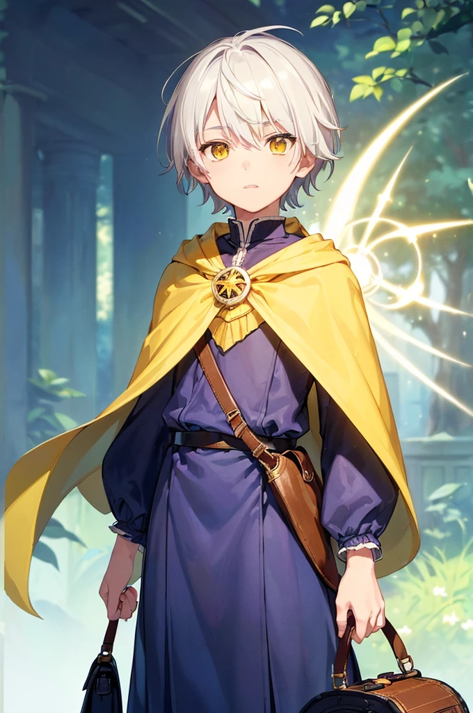 (masterpiece; best quality: 1.2), (finely detailed eyes: 1.3), ((10 year old male ???)), ((solo)), (yellow eyes: 1.4), (body; short, slender: 1.3), (short white hair: 1.3), (beautiful and clear background: 1.2), ((depth of field)), (clothes: traveler mage attire + cape + pouches and satchel: 1.3), (anime illustration: 1.2), (background; garden exterior: 1.1), (extremely fine and handsome: 1.1), (shot composition; standing + centered on torso + close-up: 1.5), (expression; calm, stoic: 1.2)