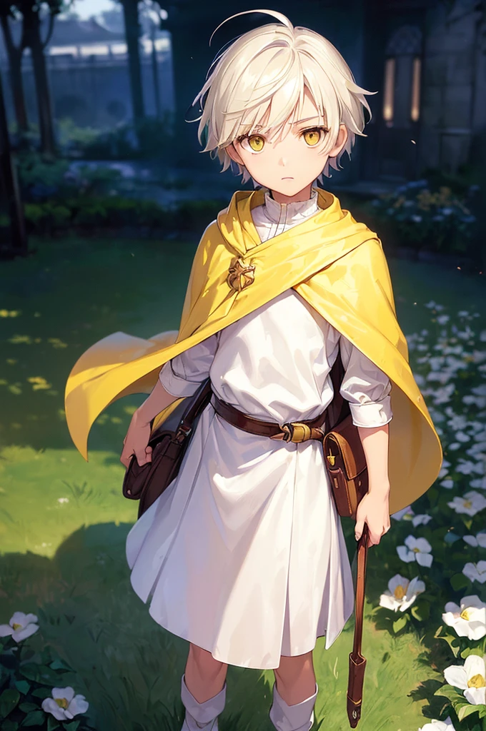 (masterpiece; best quality: 1.2), (finely detailed eyes: 1.3), ((10 year old male ???)), ((solo)), (yellow eyes: 1.4), (body; short, slender: 1.3), (short white hair: 1.3), (beautiful and clear background: 1.2), ((depth of field)), (clothes: traveler mage attire + cape + pouches and satchel: 1.3), (anime illustration: 1.2), (background; garden exterior: 1.1), (extremely fine and handsome: 1.1), (shot composition; standing + centered on torso + close-up: 1.5), (expression; calm, stoic: 1.2)