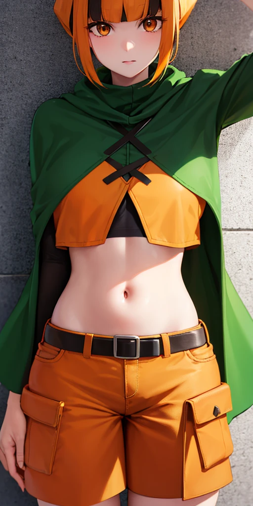 pokemongardenia, pokemongardenia, black hair, bob cut, multicolored hair, (orange eyes:1.5), orange hair, petals, short hair, two-tone hair,
BREAK belt, belt buckle, buckle, capelet, cargo shorts, midriff, navel, shorts, undershirt, long sleeves, green capelet, black undershirt,
BREAK looking at viewer, full body, (cowboy shot:1.5),
BREAK indoors,
BREAK (masterpiece:1.2), best quality, high resolution, unity 8k wallpaper, (illustration:0.8), (beautiful detailed eyes:1.6), extremely detailed face, perfect lighting, extremely detailed CG, (perfect hands, perfect anatomy)