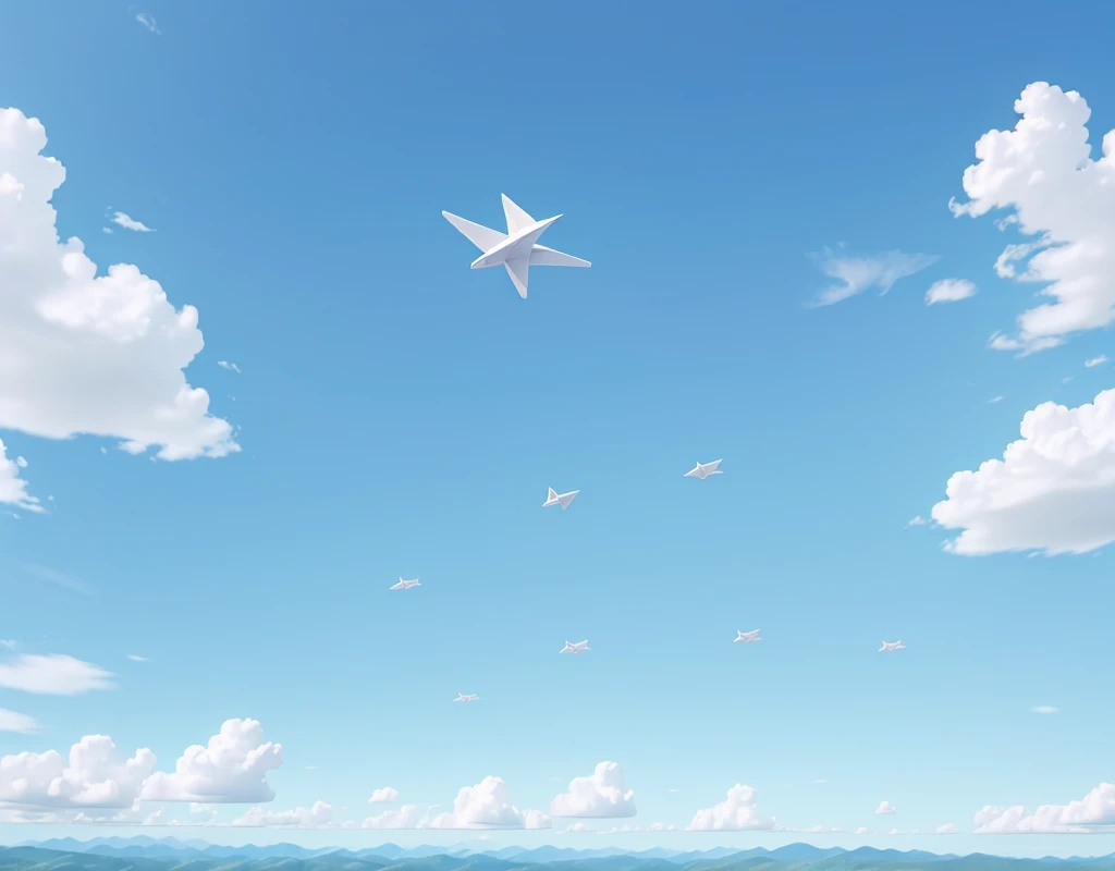 paper airplane, in the blue sky, com nuvens.