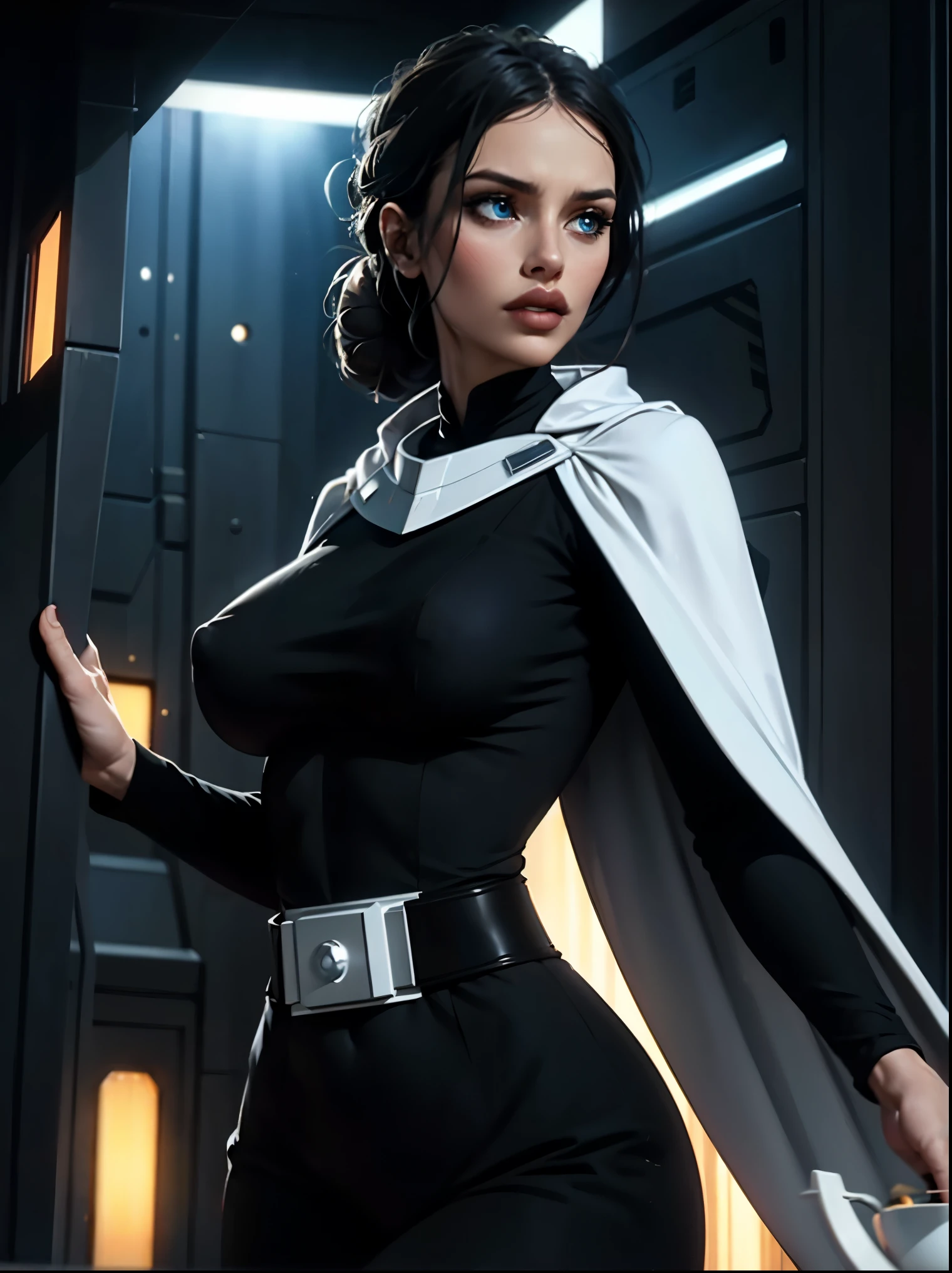 Incredibly detailed wide angle shot shot of a gorgeous and skinny woman with ((EXTREMELY saggy)) big breasts, nipples visible through clothing, a narrow waist, a incredibly supermodel thin body, with VERY narrow hips, super thin legs, (bimbo lips), vivid blue eyes, extremely detailed face, thoughtful expression, (long ((black)) hair styled in bun), Star Wars Imperial Officer black uniform, wearing a white cape, matte paint, atmospheric, dramatic lighting, standing inside an imperial space ship.