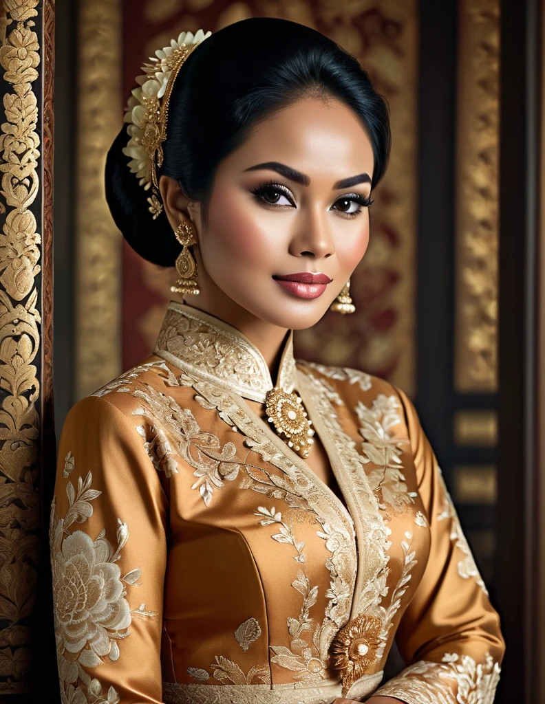A realistic portrait of a beautiful Indonesian lady in elegant noble kebaya, a typical Indonesian appearance for noble lady, classic noble lady face, wise, gentle, motherly, resilient, highly influenced by ancient Mataram Kingdom culture insanely intricate details, ornate, retro film photograph, masterpiece, cinematic, ultra high quality, ultra high resolution