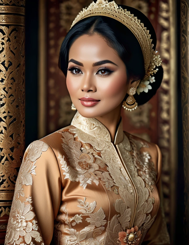 A realistic portrait of a beautiful Indonesian lady in elegant noble kebaya, a typical Indonesian appearance for noble lady, classic noble lady face, wise, gentle, motherly, resilient, highly influenced by ancient Mataram Kingdom culture insanely intricate details, ornate, retro film photograph, masterpiece, cinematic, ultra high quality, ultra high resolution