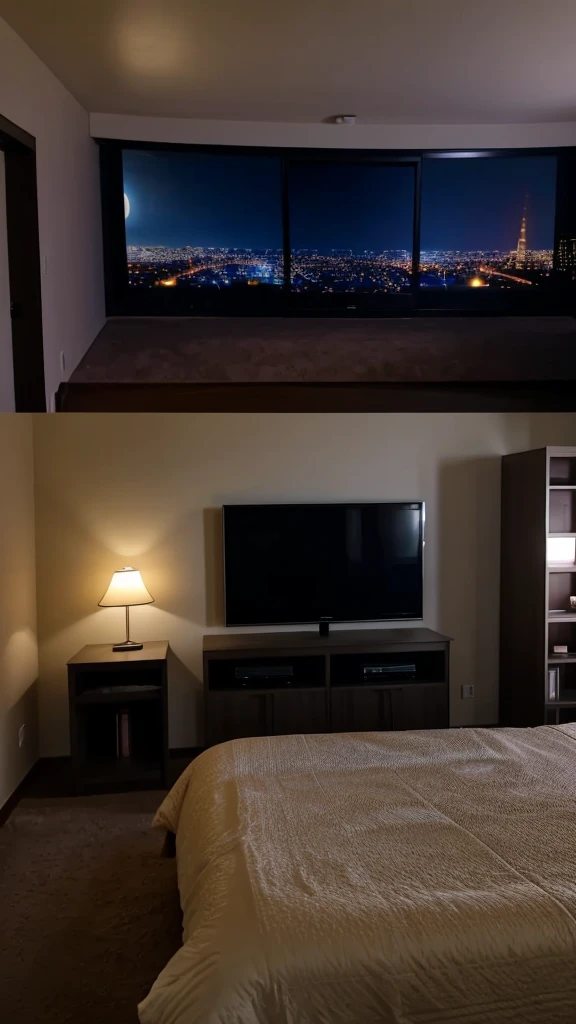 A simple room with a TV playing a movie, the room is very dark at night, the view from the bed to the TV
