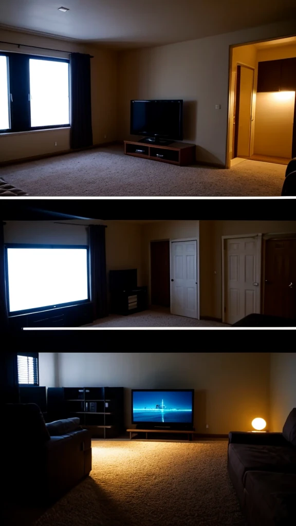 A simple room with a TV playing a movie, the room is very dark at night, the view from the bed to the TV