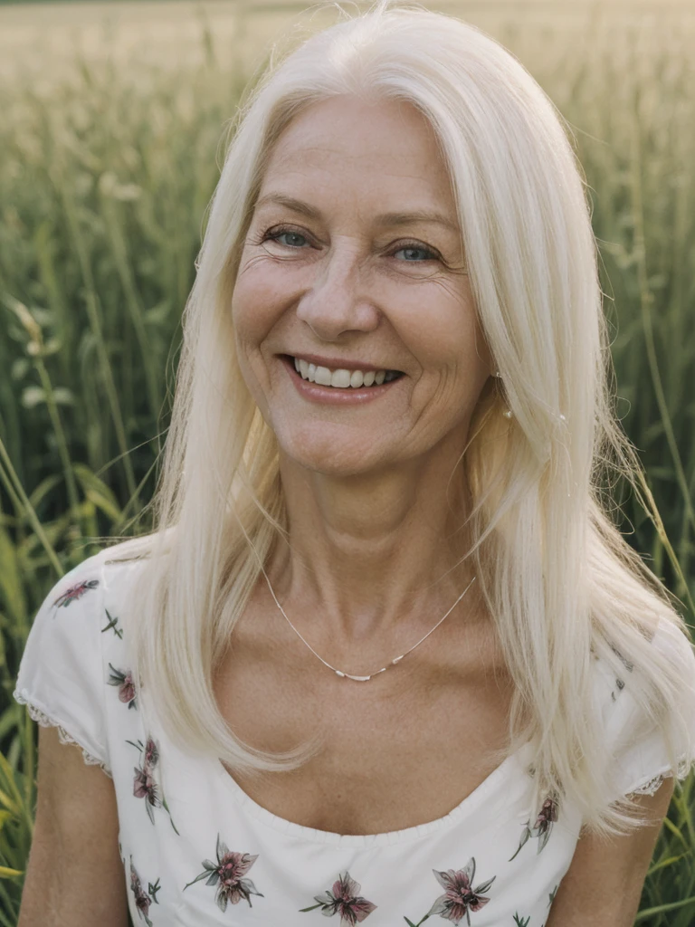 A realistic, photorealistic image of Felicidad, (an 80-year-old Finnish woman), (((white blonde and medium length hair))), smiling and seducing, ((taking a portrait outside a grass field in Switzerland)), (((round face))), (medium straight hair), ((wearing printed black dress)), ((visible breastbones)), (((slim))), ((thin hairline)), (((deep chest bones)))